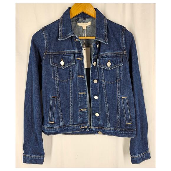 BRIT.NY WOMEN'S BLUE JEAN JACKET W/ SEWN ART CHAIN DESIGN PATCH ON BACK SIZE XS - Picture 3 of 8